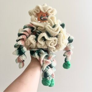 VTG 60s Handmade Crochet Doll Sad Clown w Yarn Discs Green Pink White Hard Face